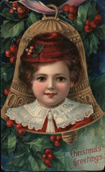 Christmas Greetings - Child's image on Christmas bell. Embossed Children Postcard Postcard Postcard