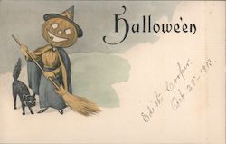 Halloween (pumpkin-head witch with broom and cat) Postcard