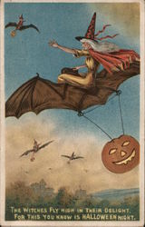 Rare: The witches fly in their delight for this you know is Halloween night Postcard