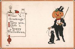 Jack o' Lantern in Top Hat and Tails with Black cat send Halloween Greetings Postcard Postcard Postcard