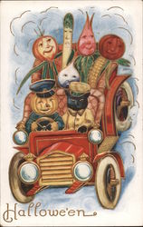 Halloween (vegetable people and cat riding in car) Postcard