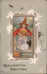 Hallowe'en Greetings. Witch, pumpkin, black cat Halloween Postcard Postcard Postcard