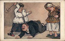 Cartoon of two women hitting a man with carpet beaters Spanking S. Didone Postcard Postcard Postcard