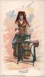 Italy. Woman standing with pedal sewing machine. The Singer Manufacturing Co. Advertising Trade Card Trade Card Trade Card