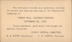 Republican campaign opening meeting invite. September 26, 1908 Postcard