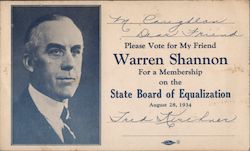 Vote Warren Shannon, State Board of Equalization 1934 Postcard