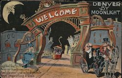 Denver by moonlight. Trolley, arch, man in carriage has drunken view Postcard