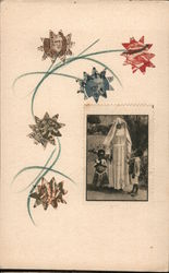 Art made of postage stamps: flowers and nun with children Postcard