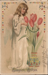 Blessed Easter. Girl with vase of large tulips Postcard