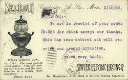 Simplex Electric Heating Co. Spray coffee urn. Postcard