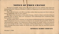 General Radio Company notice of price change. October 1, 1946 Postcard