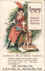 Ramony Mills dress fabrics L. & A. Cohn, Inc. Sale. Fashionable woman with seated girl. Advertising Postcard Postcard Postcard