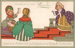 Chocolat au Lait Zurcher. Two girls selling boxes of candies Postcard