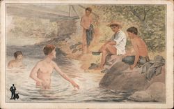 Boys swimming near a bridge, watercolor painting Postcard