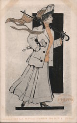 Smartly dressed woman: ad for Phipps clothing Postcard