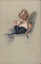 Woman sitting in chair smoking. Maurice Milliere Artist Signed Postcard Postcard Postcard