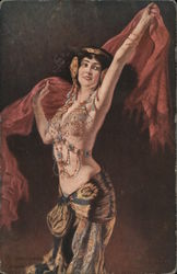 Belly dancer brunette in jeweled bra and red veil Postcard