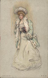 Drawing of blonde woman in full white gown, green jacket with white trim Postcard