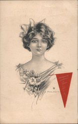 young woman with daisy bouquet red pennant Postcard