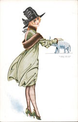 Lucky Charm Woman in green dress petting small elephant Postcard