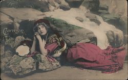 Carmen. Colorized woman in native dress, waterfall, tambourine Actresses Postcard Postcard Postcard