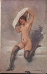 Woman with stockings taking dress off Postcard