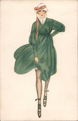 Woman in green dress showing stockings Postcard