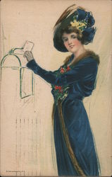 Woman in blue mailing letter Postcard