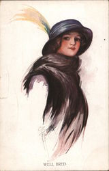 Well bred. Woman in black stole, hat with yellow feather Artist Signed Postcard Postcard Postcard