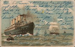 Tugboat bringing in Ocean Liner. Postcard