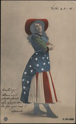 Woman dressed in American flag with red hat Postcard