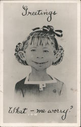 Greetings What - me worry? Alfred E. Neuman as a little girl. Postcard