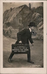 Coming with a full line of Bamforth's Post cards. Hold your orders. Salesman with salescase Postcard