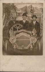 Studio photo of three men sitting in cartoon car driving through countryside San Francisco, CA Postcard Postcard Postcard