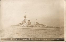 H.M.S. Conqueror passing U.S.S. Wyoming - 1918 Postcard