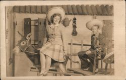 Olvera St. Man & Woman on Donkey Cart w/Sombreros Postcard