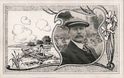 Photo of man in a beret and drawing of woman in a rowboat Vignettes Postcard Postcard Postcard