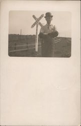 Man in bowler hat at a railroad crossing Men Postcard Postcard Postcard