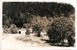 View of covered bridge, tree covered mountain, Clear Creek Resort Postcard