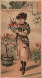 Girl in garden smelling bowl of roses. Great American Importing Tea Co's Stores Advertising Trade Card Trade Card Trade Card