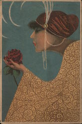 Woman in turban, pears, feathers holding red rose. Dragos Nadir Poster Style Postcard Postcard Postcard