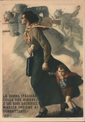 La Donna Italiana. Woman and young boy marching in step into battle with soldiers Propaganda Postcard Postcard Postcard