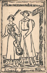 Two women, one has guitar, one has walking cane and backpack. Postcard