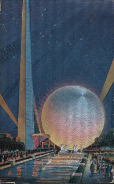 World's Fair New York. Night scene Theme Center, Trylon and Perisphere ...