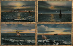 Set of 4: Gold Border, Ships at Sea Postcard