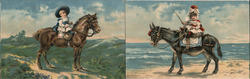 Lot of 2: Children on Horseback, Donkey Postcard Postcard Postcard