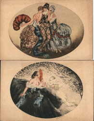 Lot of 2: Risque Masquerade ball, Pierrot Postcard