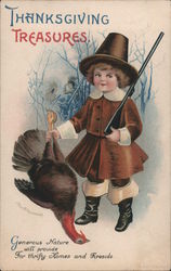 Thanksgiving treasures. Pilgrim boy with gun holding turkey Postcard