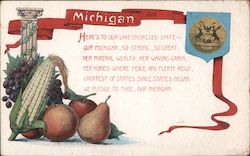 Michigan 1837 vegetables, fruits, state seal Postcard Postcard Postcard