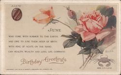 June - Birthday greetings. Roses, agate, cancer Postcard